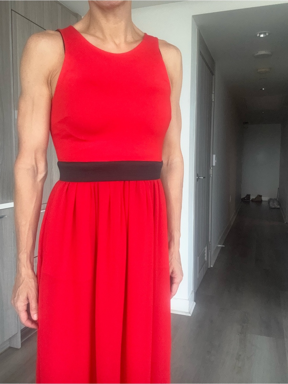 Armani Exchange Red Sleeveless Maxi Dress with Black Waistband